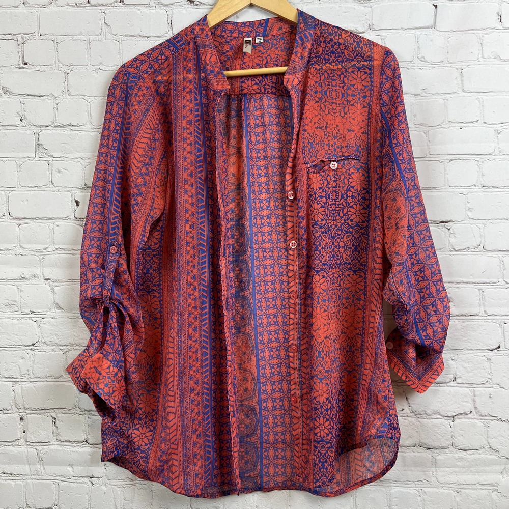 Kut from the Kloth Red and Blue Printed Button-Up Blouse